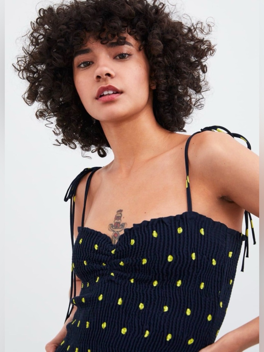 Zara Navy Tie-Shoulder Dress with Yellow Dot Detail sz M